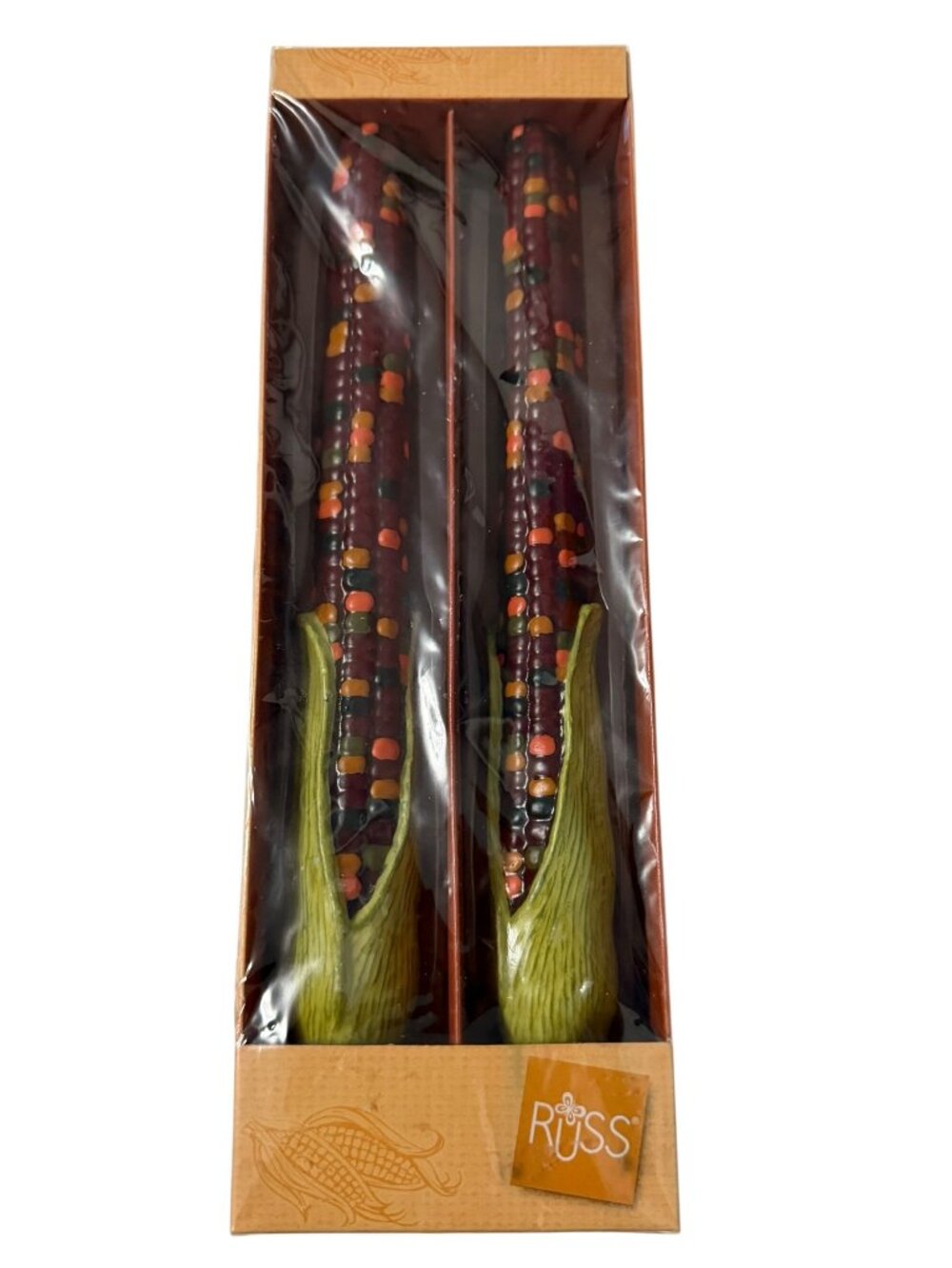 Russ Home Style Indian Corn Candle Pair Fall Harvest Thanksgiving Decor New in B